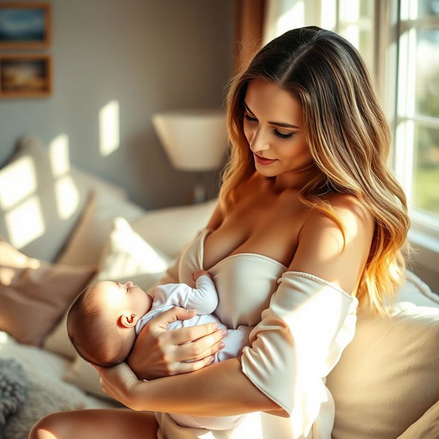 A tasteful and intimate scene of a woman breastfeeding her baby, focusing on her nurturing expression and the bond between them