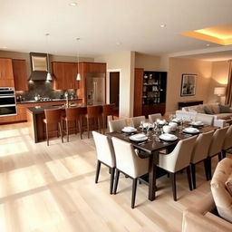 A spacious and modern kitchen open to a cozy living room, featuring a stylish bar with high stools