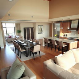 A spacious and modern kitchen open to a cozy living room, featuring a stylish bar with high stools