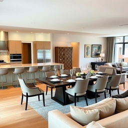 A spacious and modern kitchen open to a cozy living room, featuring a stylish bar with high stools