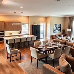 A spacious and modern kitchen open to a cozy living room, featuring a stylish bar with high stools