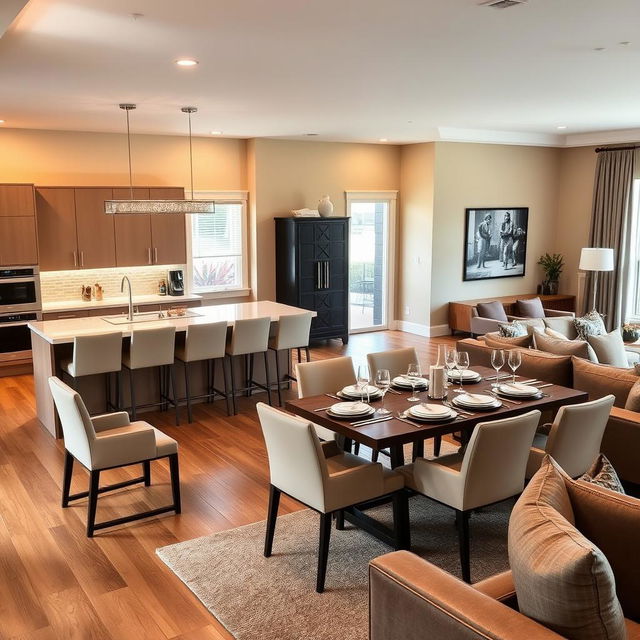 A spacious and modern kitchen open to a cozy living room, featuring a stylish bar with high stools