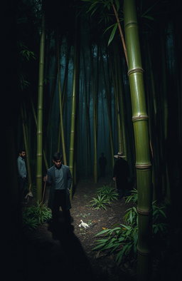 A suspenseful murder mystery scene set in a dense bamboo forest in Mizoram, with lavish greenery and towering bamboo stalks, where the bamboos are sparse due to a famine caused by a rat infestation
