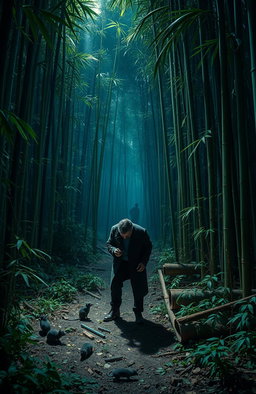 A suspenseful murder mystery scene set in a dense bamboo forest in Mizoram, with lavish greenery and towering bamboo stalks, where the bamboos are sparse due to a famine caused by a rat infestation