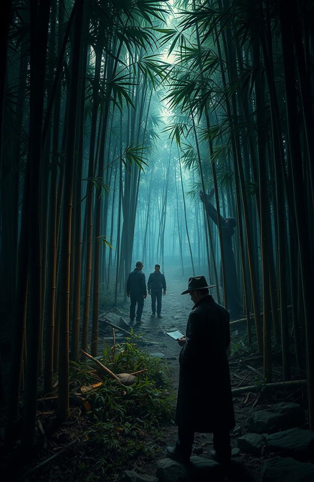 A suspenseful murder mystery scene set in a dense bamboo forest in Mizoram, with lavish greenery and towering bamboo stalks, where the bamboos are sparse due to a famine caused by a rat infestation