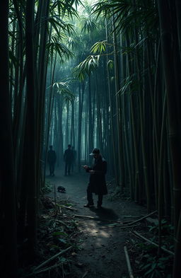 A suspenseful murder mystery scene set in a dense bamboo forest in Mizoram, with lavish greenery and towering bamboo stalks, where the bamboos are sparse due to a famine caused by a rat infestation