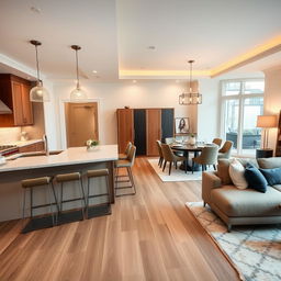 A beautifully designed kitchen open to a stylish living room