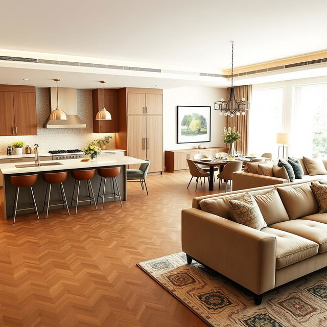 A beautifully designed kitchen open to a stylish living room