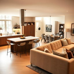 A beautifully designed kitchen open to a stylish living room