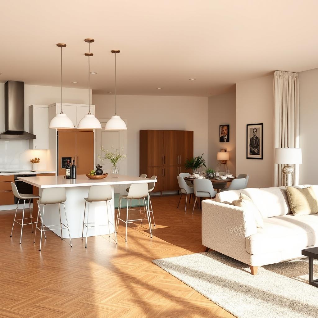 A beautifully designed kitchen open to a stylish living room