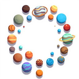 A captivating arrangement of pixel art planets on a clean, white background