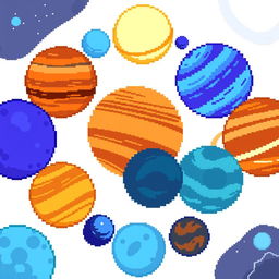A captivating arrangement of pixel art planets on a clean, white background