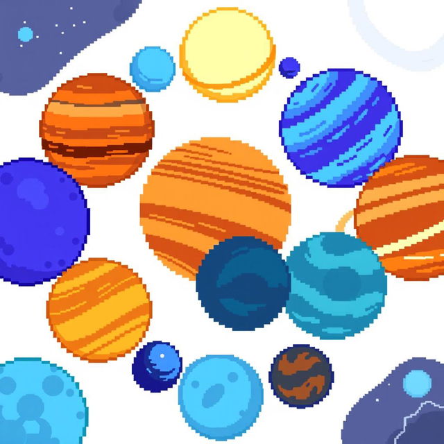 A captivating arrangement of pixel art planets on a clean, white background