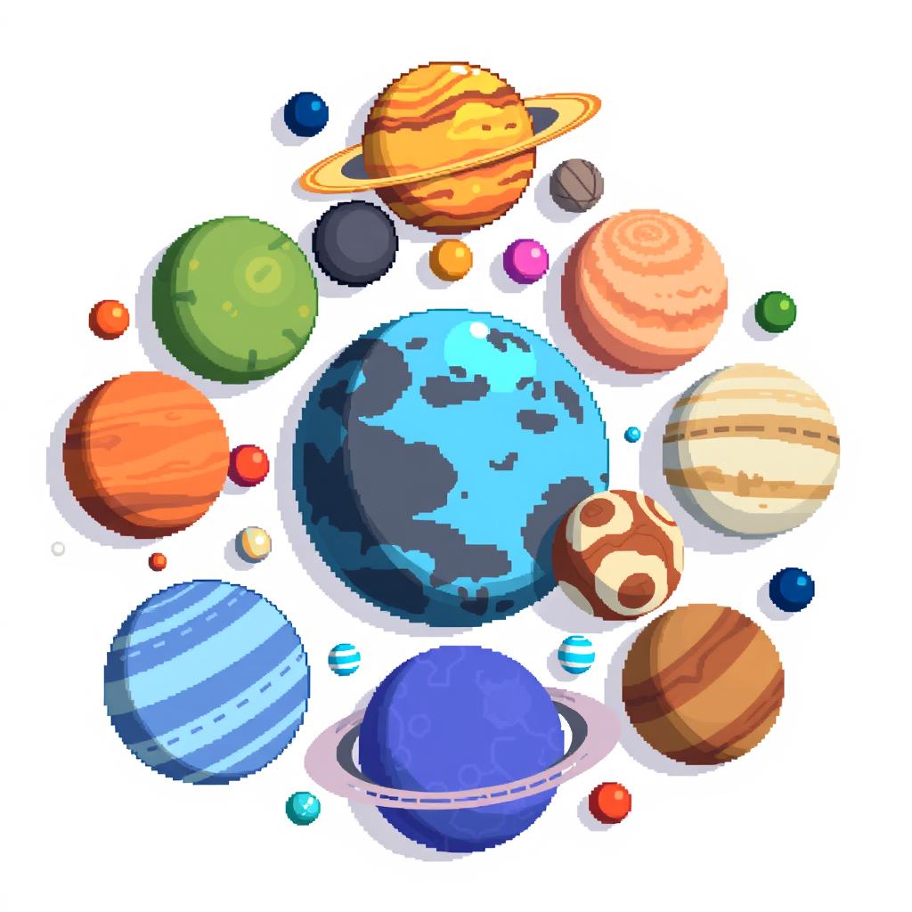 A captivating arrangement of pixel art planets on a clean, white background