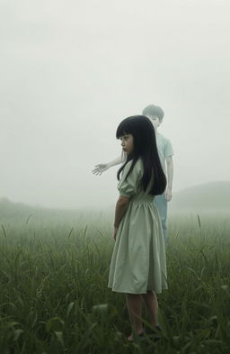 A misty meadow shrouded in quiet sadness, featuring a young girl with long, dark hair standing in the center, her back turned to the viewer