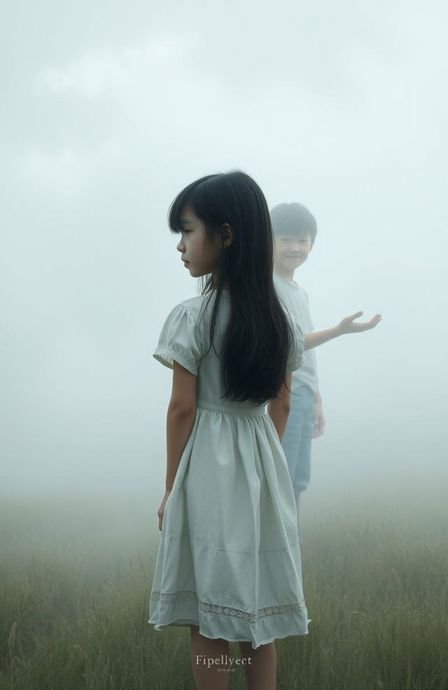 A misty meadow shrouded in quiet sadness, featuring a young girl with long, dark hair standing in the center, her back turned to the viewer