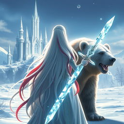 A fantastic princess with long white hair featuring striking red streaks, viewed from the back