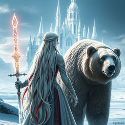 A fantastic princess with long white hair featuring striking red streaks, viewed from the back