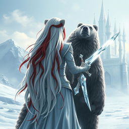 A fantastic princess with long white hair featuring striking red streaks, viewed from the back