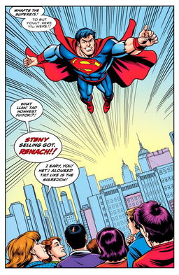 A vibrant comic book page featuring an action-packed scene with a superhero flying through the city