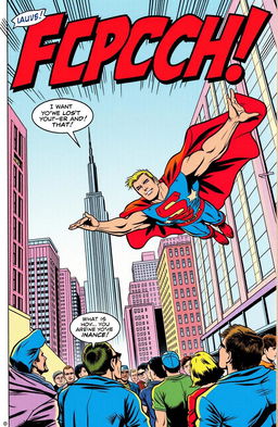 A vibrant comic book page featuring an action-packed scene with a superhero flying through the city