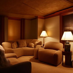 A cozy room bathed in dim, soft light, invitingly furnished with plush seating and tasteful decor.