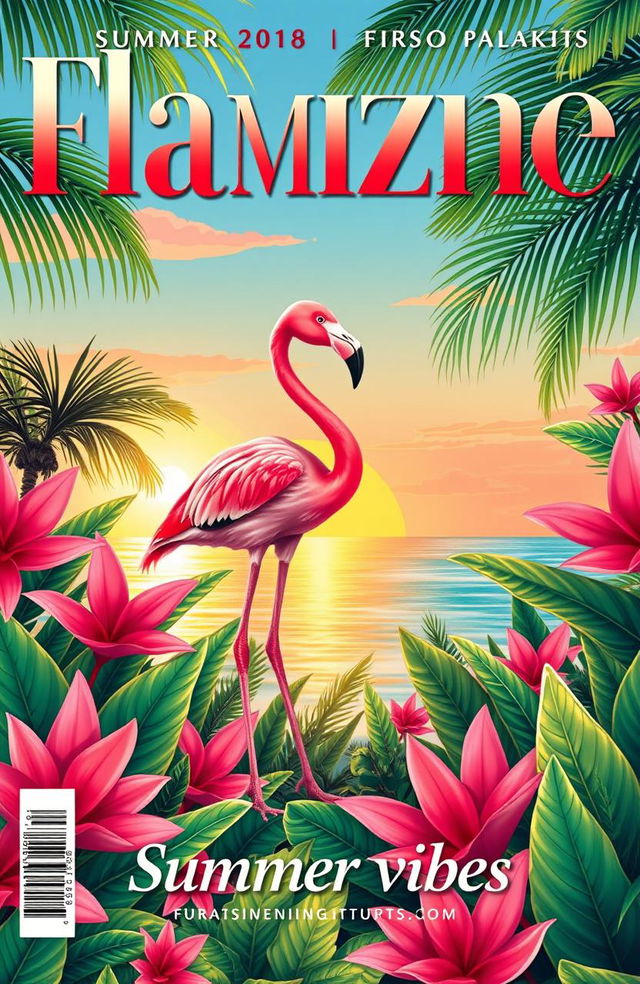 A vibrant magazine cover page designed in a landscape orientation, featuring a stunning flamingo theme