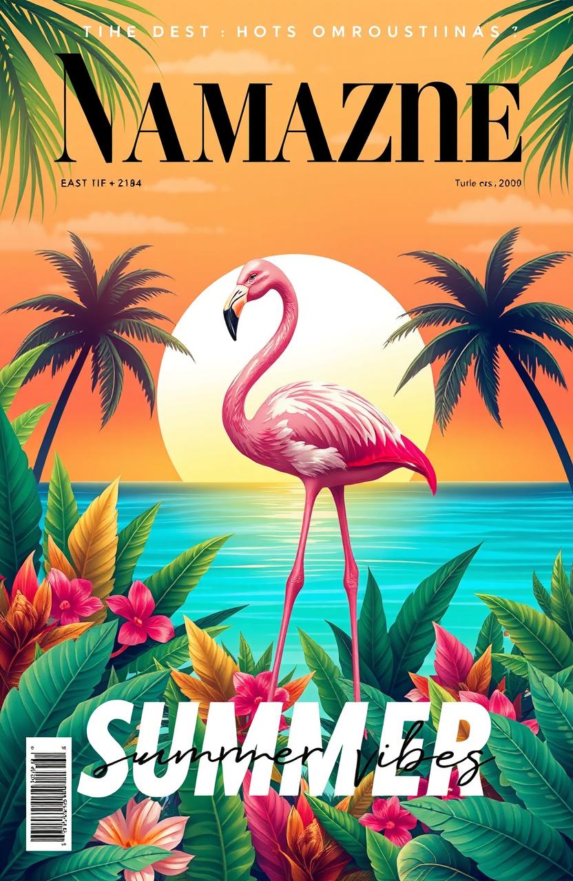 A vibrant magazine cover page designed in a landscape orientation, featuring a stunning flamingo theme