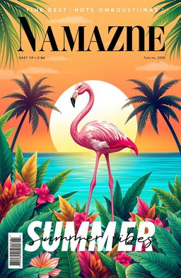 A vibrant magazine cover page designed in a landscape orientation, featuring a stunning flamingo theme