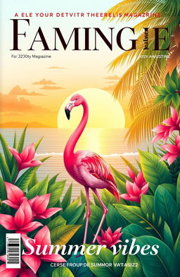 A vibrant magazine cover page designed in a landscape orientation, featuring a stunning flamingo theme