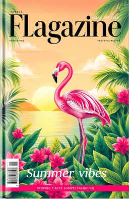 A vibrant magazine cover page designed in a landscape orientation, featuring a stunning flamingo theme