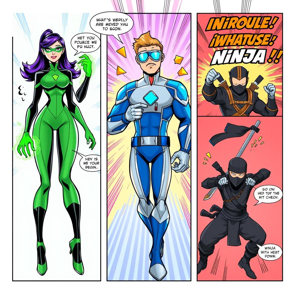 A colorful comic page featuring the introduction of a diverse cast of characters