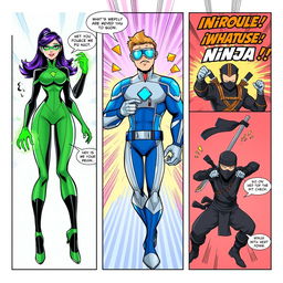 A colorful comic page featuring the introduction of a diverse cast of characters