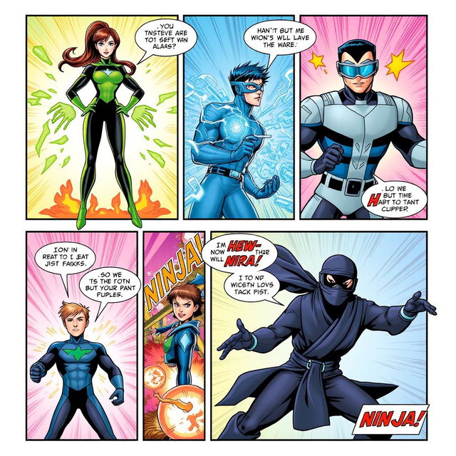 A colorful comic page featuring the introduction of a diverse cast of characters