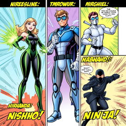 A colorful comic page featuring the introduction of a diverse cast of characters