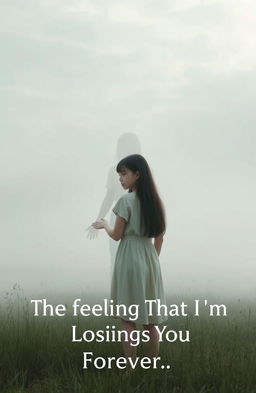 A misty meadow enveloped in an atmosphere of quiet sadness, featuring a teenage girl with long dark hair standing at the center, her back turned towards the viewer