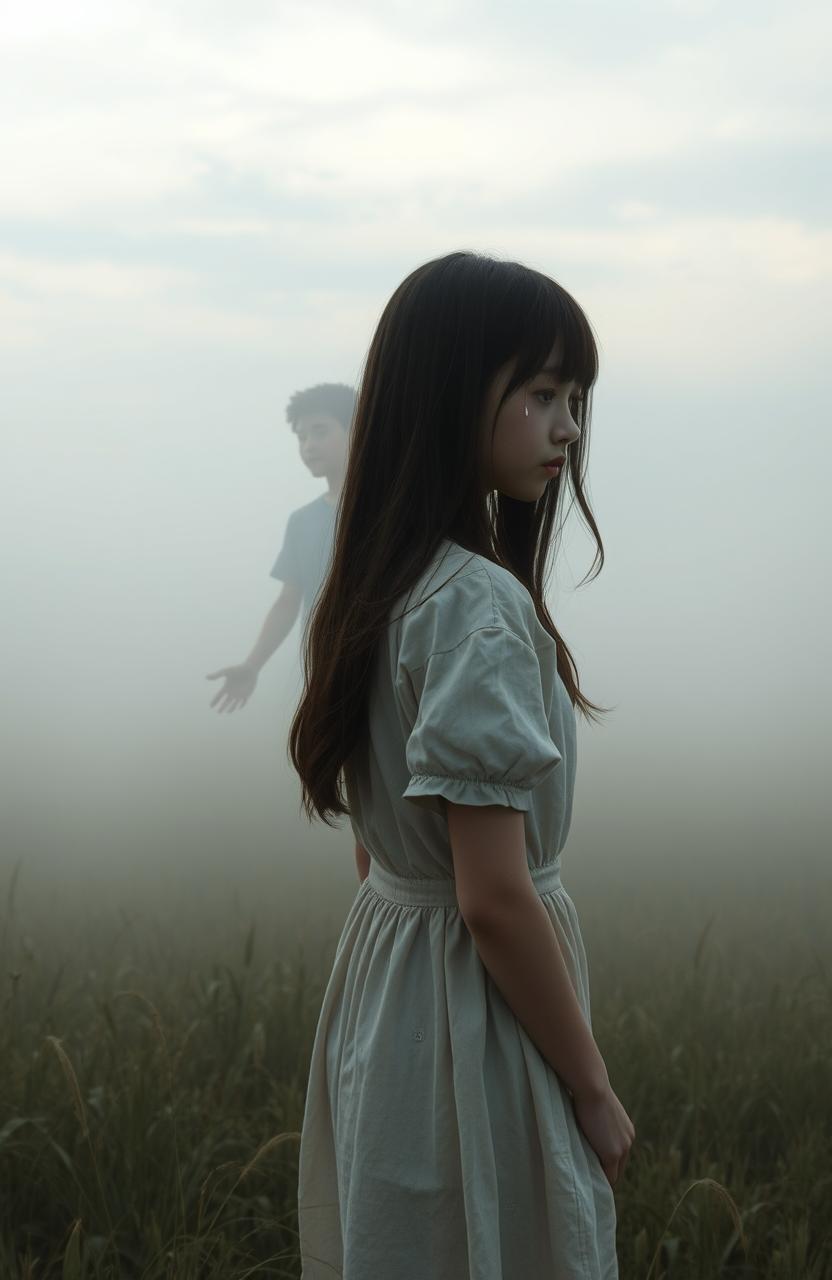 A misty meadow enveloped in an atmosphere of quiet sadness, featuring a teenage girl with long dark hair standing at the center, her back turned towards the viewer