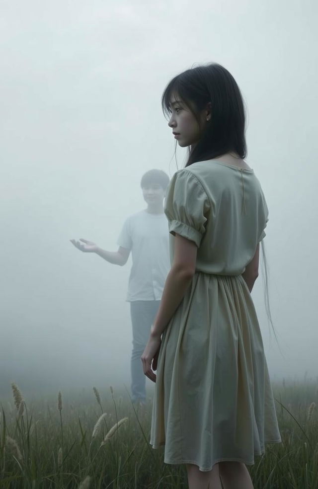 A misty meadow enveloped in an atmosphere of quiet sadness, featuring a teenage girl with long dark hair standing at the center, her back turned towards the viewer