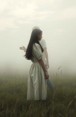 A misty meadow enveloped in an atmosphere of quiet sadness, featuring a teenage girl with long dark hair standing at the center, her back turned towards the viewer