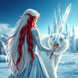 A fantastic princess with long white hair featuring striking red streaks, viewed from the back