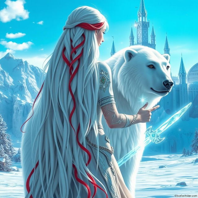 A fantastic princess with long white hair featuring striking red streaks, viewed from the back