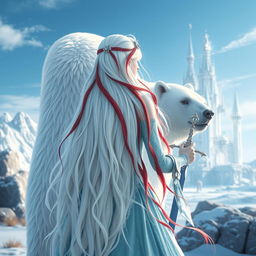 A fantastic princess with long white hair featuring striking red streaks, viewed from the back
