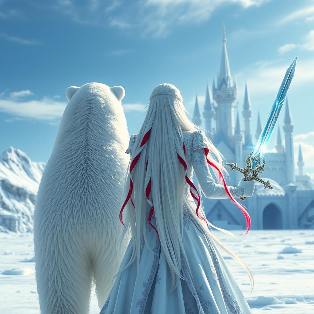 A fantastic princess with long white hair featuring striking red streaks, viewed from the back