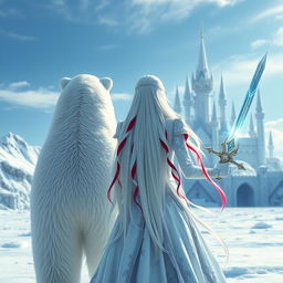 A fantastic princess with long white hair featuring striking red streaks, viewed from the back