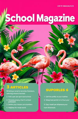 A vibrant and eye-catching magazine cover designed for a school magazine, themed around flamingos