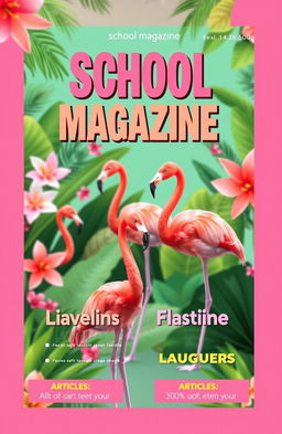 A vibrant and eye-catching magazine cover designed for a school magazine, themed around flamingos