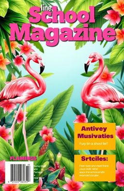 A vibrant and eye-catching magazine cover designed for a school magazine, themed around flamingos