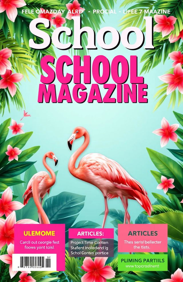 A vibrant and eye-catching magazine cover designed for a school magazine, themed around flamingos