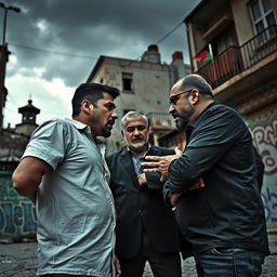 A dramatic scene showing a Palestinian man and woman confronting an Israeli Jewish man, expressing tension and conflict