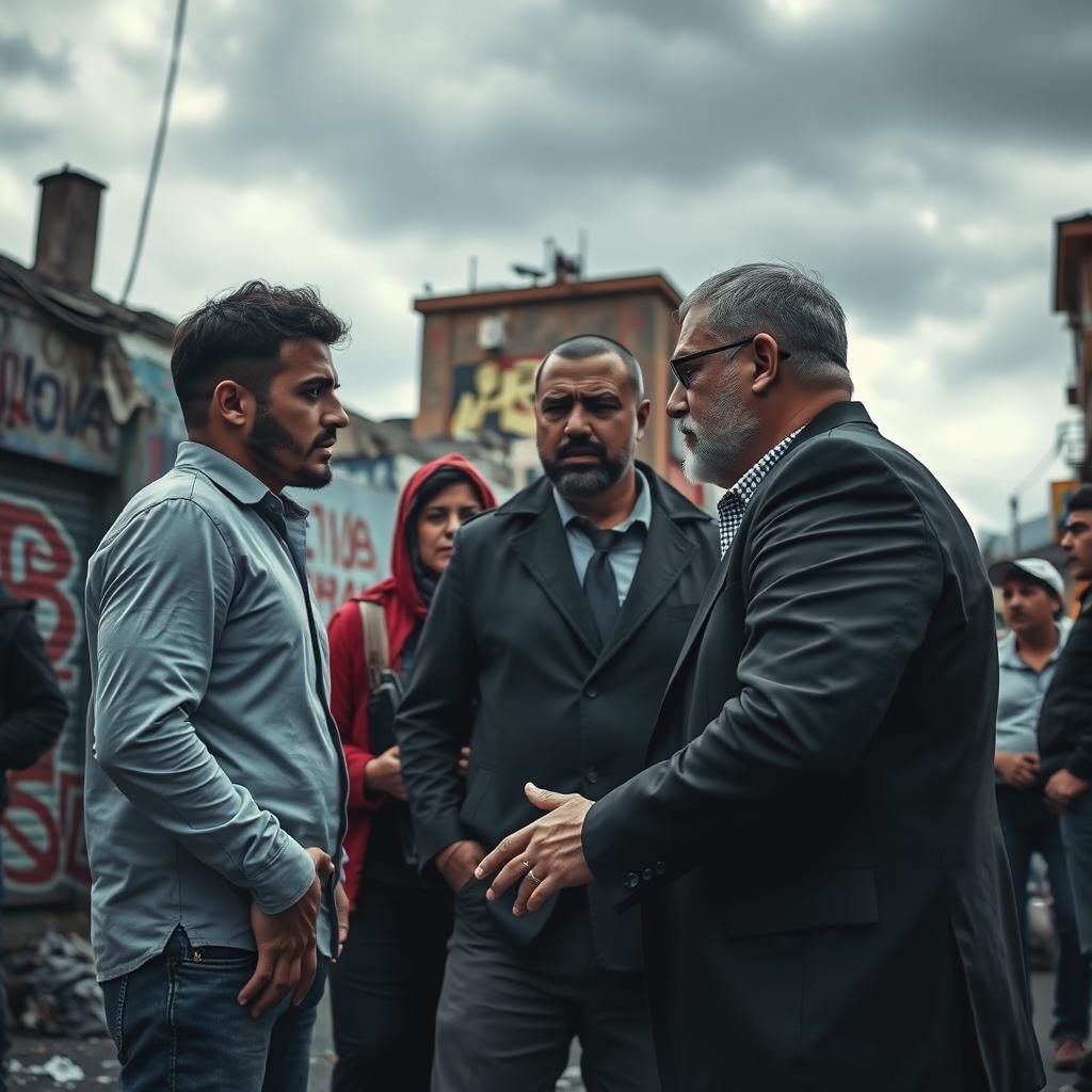 A dramatic scene showing a Palestinian man and woman confronting an Israeli Jewish man, expressing tension and conflict